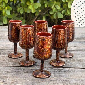 Fat Lava Vintage MCM Set 6 Brutalist Wine Glasses Volcanic Glaze Germany Pottery